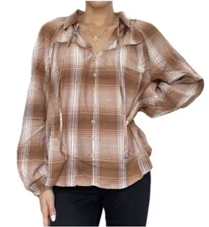 Blu Pepper Pullover Collared Top Faux Button Front Brown Plaid Size S thumbnail 1