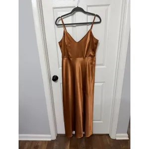 Birdy Grey Jay Dress Shiny Satin Rust Orange Bridesmaid Formal‎ Maxi Slit Size L thumbnail 2