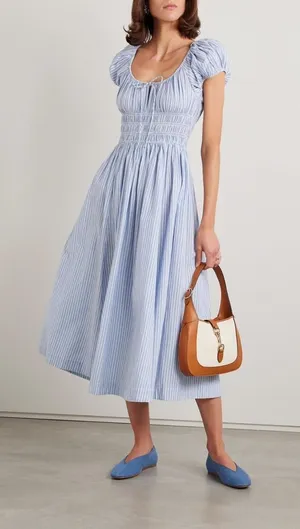 Doen Quinn Tie-Detailed Shirred Striped Organic Cotton-Poplin Midi Dress,Blue,M thumbnail 1
