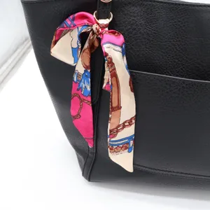 Black Faux Leather Tote Bag with Scarf Accent Gold Hardware Large Shoulder Purse thumbnail 2