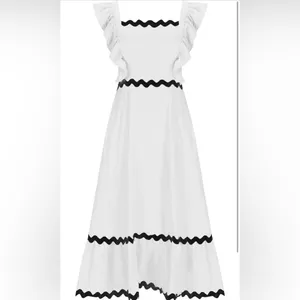 NEW White Flutter Sleeve Square Neck Rickrack Tiered Pockets Midi Lined Dress XL thumbnail 4