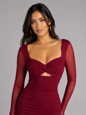 Burgundy Midi Dress Ruched Long-Sleeve | Windsor thumbnail 3