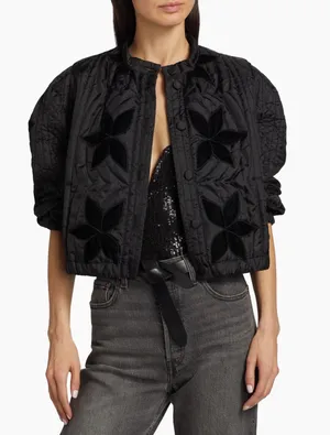 Free People Quinn Quilted Jacket with Velvet Floral Detail in Black thumbnail 2