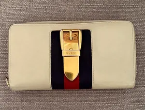 Gucci Calfskin Leather Sylvie Zip Wallet, ivory thumbnail 1