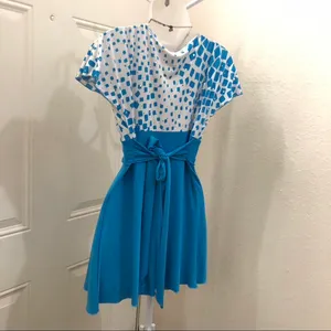 Vintage 90s USA Pinup Rockabilly Babydoll Coquette Blue white polka dot mini dress V-neck tie belted short sleeve #celestial #fairycore #mermaid Measurement in pics thumbnail 2