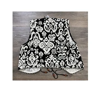 Zara Black White Boho Vest Small Ikat Pattern Tie Waist Statement Layer Festival thumbnail 2