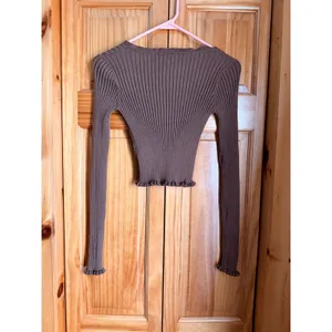 Princess Polly Ollie‎ Top XS/S Brown Ribbed Knit Cropped Cardigan Lettuce Hem thumbnail 2