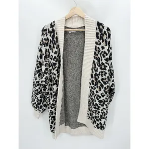 LOFT Leopard‎ Print Cardigan Sweater S Cream Open Front Cozy Knit Preppy Chunky thumbnail 2