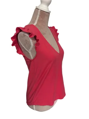 EVEREVE Pink Ruffle Sleeve V-Neck Top Womens Size Small Stretchy Knit Blouse thumbnail 7