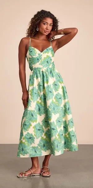 NWT Lulus Candria Cream and Green Floral Surplice Midi Dress Resort Party Size M thumbnail 1