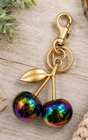 NEW Cherry Charm Keychain Gold and Multicolor Oil Slick NWT thumbnail 1