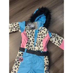 Tipsy Elves Ski Snow Suit Women's Size XS Snow Leopard Pink Blue Faux Fur Read thumbnail 4