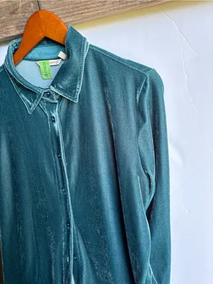 Soft Surroundings Teal Velvet Long Sleeve Button Down Tunic PETITE thumbnail 6