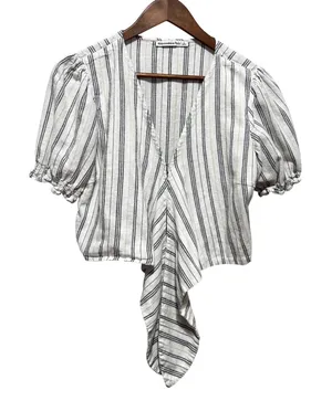 Abercrombie Women Cottagecore Coastal Tie Front Crop Top L White Striped Linen thumbnail 1