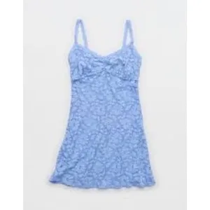 Aerie Women Dress L Blue Lace Mini Floral Sheer Overlay Sweetheart Strappy thumbnail 2