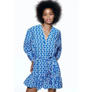 Zara Paula Blue/White Geometric Long Sleeve Mini Swing Dress Size Medium thumbnail 3