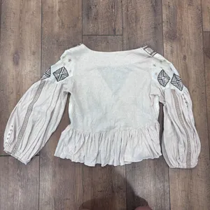 FREE PEOPLE Aria Embroidered Top Babydoll Peasant Balloon Sleeve Natural Linen S thumbnail 7