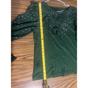 Loft Blouse Womens L Large Green Silver Shimmer Dotted Ruffle Yoke Mixed Media thumbnail 7