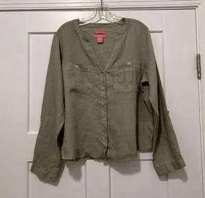 Isaac Mizrahi Women’s Large Linen Button Down Long Sleeve Casual Shirt Green thumbnail 1