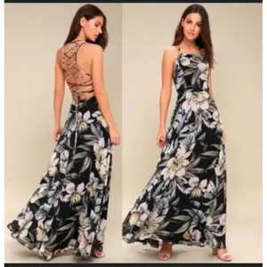 Lulus‎ love abloom Black Floral Print Maxi Dress Spaghetti Strap Lace Up Back M thumbnail 2