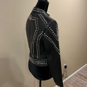 Genuine Leather Studded Crop Jacket Coat Blazer Cardigan Parka Slim Rhinestones thumbnail 6