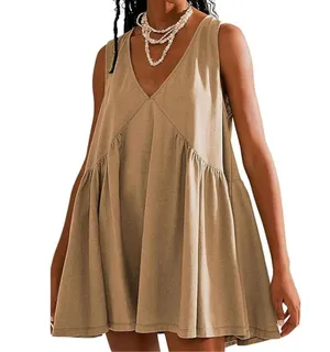 NEW 100% Cotton V Neck Tank Dress Loose Fit Casual Mini Dress Pockets XL thumbnail 1