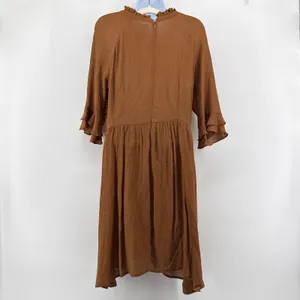 MOON RIVER Crochet Lace Bodice‎ Mini Dress Large Brown Crinkle Ruffle Boho Shift thumbnail 7