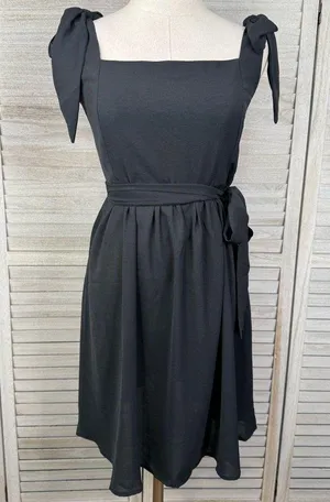 Black Midi Sundress with Shoulder Ties-Large thumbnail 1