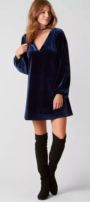 Free People Blue Velvet V-neck Long Balloon Sleeve Shift A-line Mini Dress Small thumbnail 1