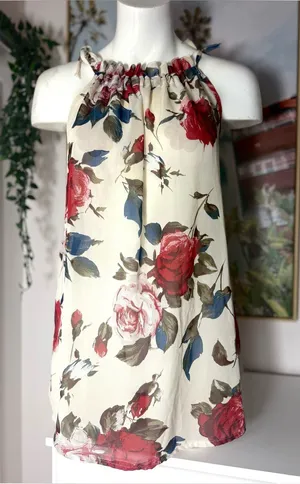 Womens Off White Floral Tank Top Blouse Large Sheer Sleeveless Boho Flow thumbnail 1