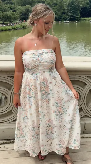 PRINTED EYELET MIDI STRAPLESS DRESS White thumbnail 1