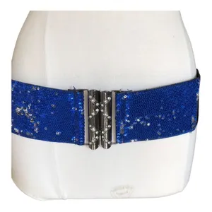 Y2K Blue Sequin Stretch Belt Rhinestone Buckle Glam Party Festival thumbnail 1
