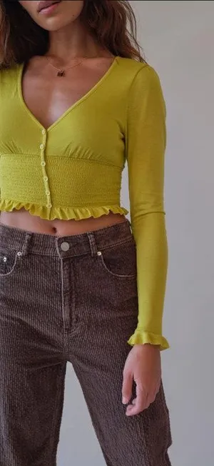 Urban Outfitters Chartreuse Bayside Smocked Button-front Cropped Blouse S thumbnail 1
