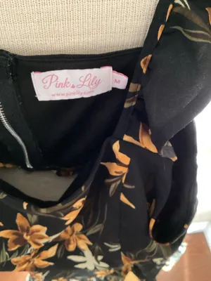 Pink Lily Two-Piece Black and Yellow Floral Crop Top and Ruffle Mini Skirt Set thumbnail 4