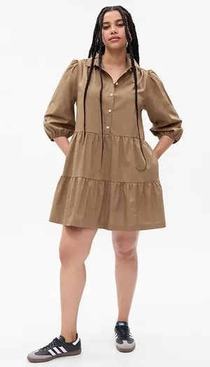 Gap NWT $80 Khaki Tiered Puff Sleeve Button Front Mini Babydoll Shirt Dress XSP thumbnail 1
