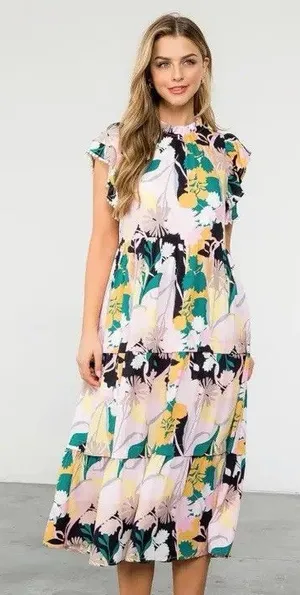 pantsstore Floral Ruffle Maxi Dress Pom Pom Accents Pink Yellow Green Size S thumbnail 1
