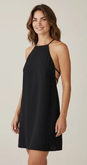 Zara Lightweight Sleeveless Shift Mini Dress Halter Snap Neck Strap Back M Black thumbnail 1