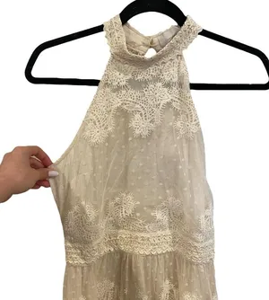 Champagne & Strawberry Tiered Maxi Dress With Crochet Trim & Floral Appliqué thumbnail 3