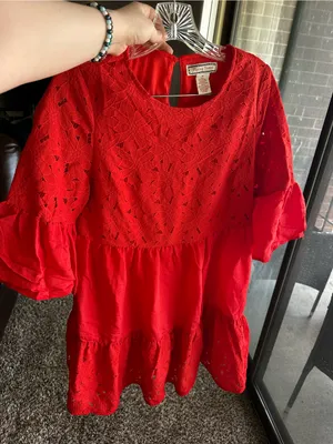 Flying Tomato Red Eyelet Lace Tiered Mini Dress thumbnail 1
