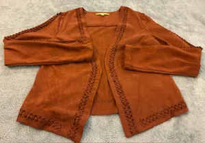 Gianni Bini Rust Suede Open-Front Jacket with Braided Trim Size Small thumbnail 1