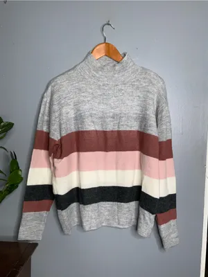 beachlunchlounge Gray Mock Neck Sweater with Rust, Pink & Cream Stripes L thumbnail 2