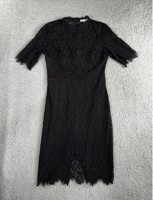 Black Lace Sheath Dress 8 Floral Mock‎ Neck S/S Eyelash Hem Whimsigoth Witchy thumbnail 1