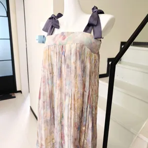 Pastel Tie Dye Pleated Maxi Dress Bow Tie Spaghetti thumbnail 3