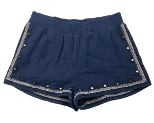 Miami Navy Blue Embroidered Sequin Rhinestone Floral Print Cotton Shorts Size S thumbnail 1