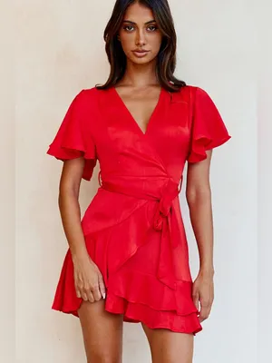 $99 NWOT Selfie Leslie Cami Angel Sleeve Faux Wrap Dress Red S thumbnail 4
