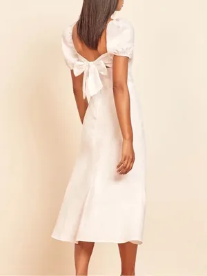 Reformation Denver White Linen Open Back Puff Sleeve Romantic Midi Dress Size 0 thumbnail 3