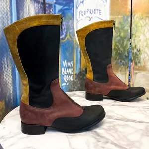 John Fluevog Encourage Kathryn Leather Tall Boots Black Burgundy‎ Yellow 8 GUC thumbnail 2