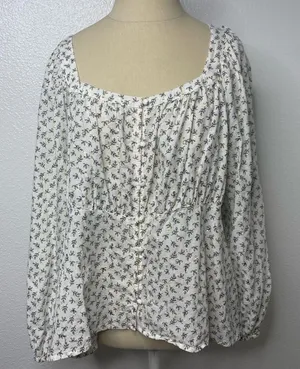 Old Navy Gold White XL Flare Lace Peasant Hippie Top Blouse Puff Sleeve Glitter thumbnail 1