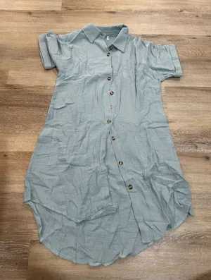 Light Blue Short-Sleeve Button-Down women’s dress - steel blue thumbnail 1