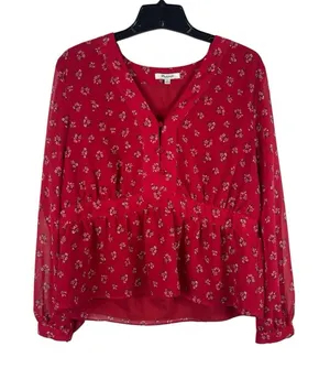 Madewell XL Red Ditsy Floral Babydoll Blouse Sheer Long Sleeve Boho Cottagecore thumbnail 1